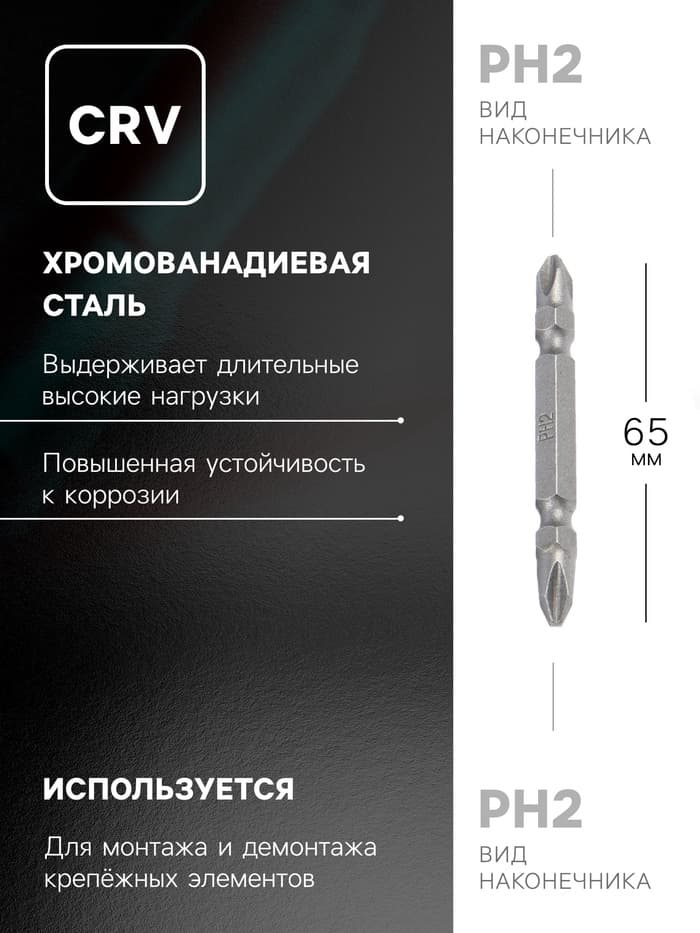 Биты двухсторонние ТУНДРА, намагниченные, сталь CrV, PH2×65 мм, 2 шт.