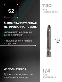 Биты ТУНДРА, намагниченные, сталь S2, PH2×50 мм, 10 шт.