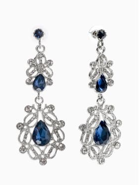 Серьги висячие со стразами «Грация», резная, синие в серебре, 9 см