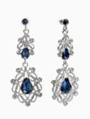 Серьги висячие со стразами «Грация», резная, синие в серебре, 9 см