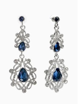 Серьги висячие со стразами «Грация», резная, синие в серебре, 9 см