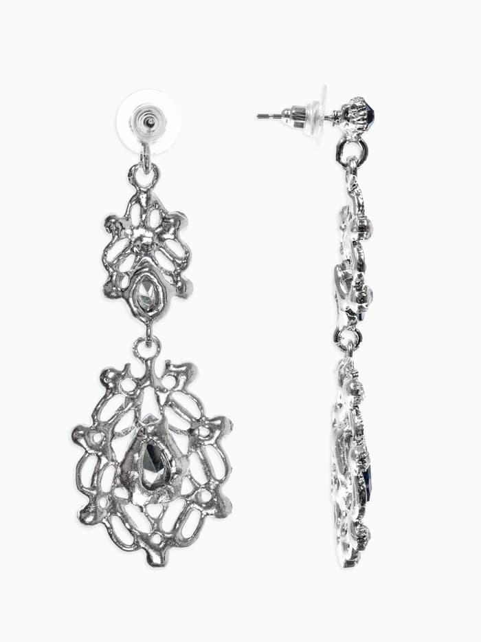 Серьги висячие со стразами «Грация», резная, синие в серебре, 9 см