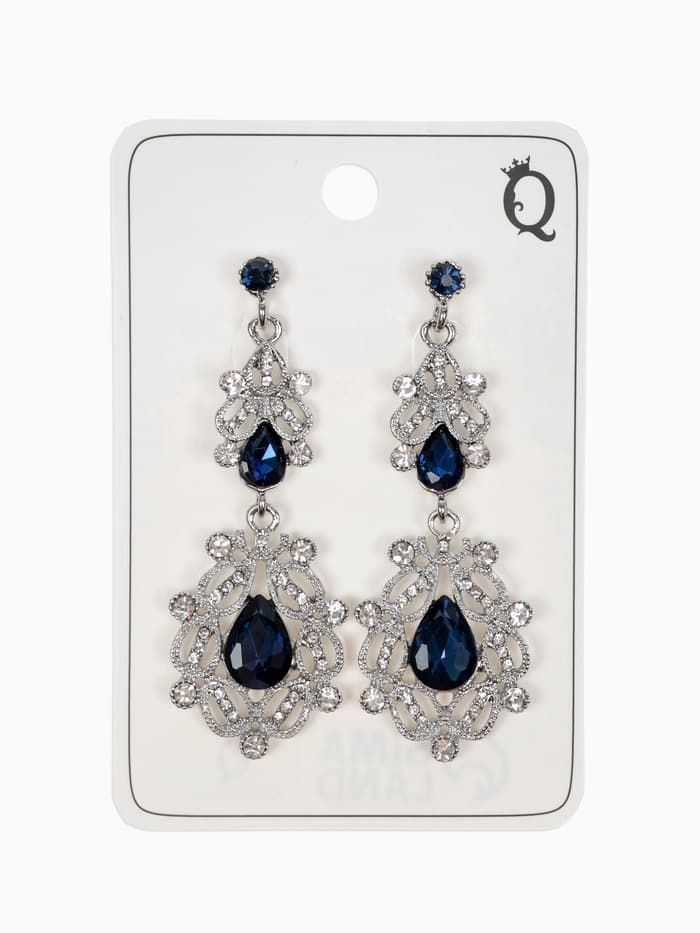 Серьги висячие со стразами «Грация», резная, синие в серебре, 9 см