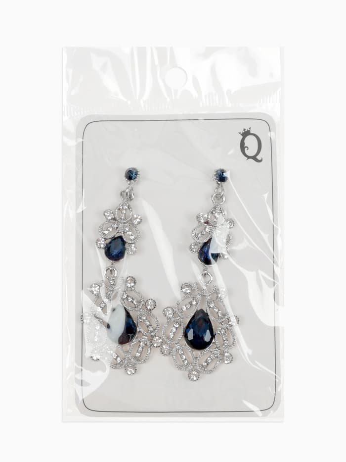 Серьги висячие со стразами «Грация», резная, синие в серебре, 9 см