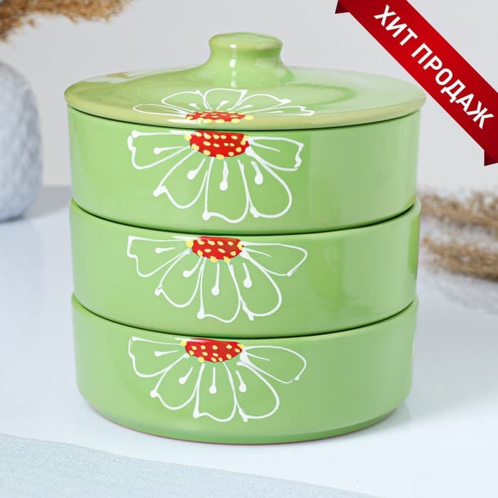 Набор для холодца Псковский гончар «Подарочный», керамика, 3 ёмкости, 0.75 л, зелёный