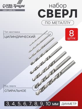 Набор сверл по металлу ТУНДРА, HSS, цилиндрический хвостовик, 3 - 10 мм (через 1 мм), 8 шт.