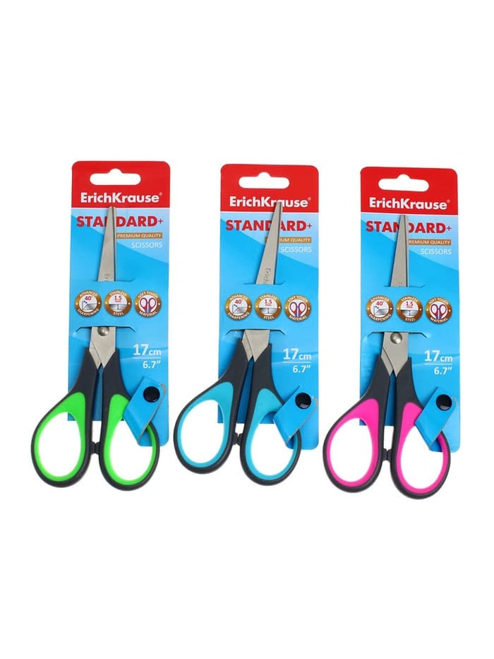 Ножницы ErichKrause Standard+, 17 см, с улучшенной двойной заточкой, ручки с противоскользящими резиновыми вставками, МИКС