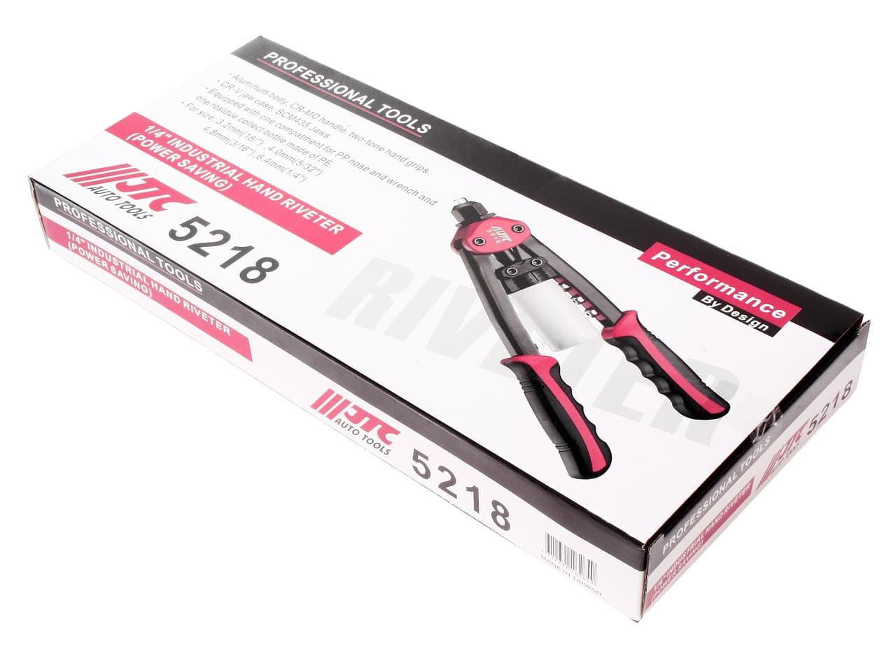 Заклепочник ручной вытяжной с контейнером для сбора стержней 3.2мм(1/8"); 4.0мм(5/32"); 4.8мм(3/16"); 6.4мм(1/4"), общая длина 325мм JTC /1 JTC-5218