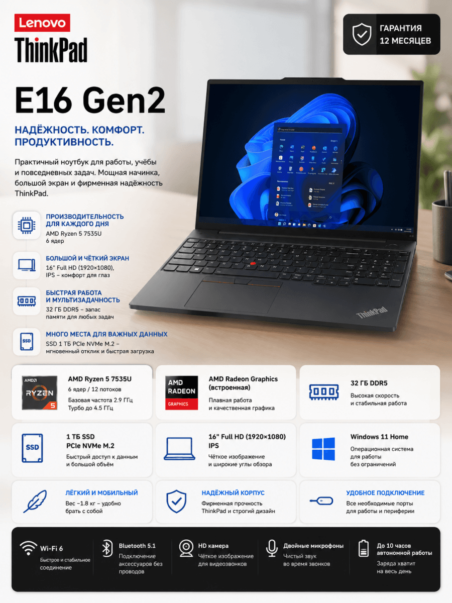 Ноутбук Lenovo ThinkPad E16 Gen2 Ryzen 5 7535U 32GB 1TB SSD 16" Black