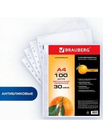 Папки-файлы перфорированные, А4, BRAUBERG "STANDARD", комплект 100 шт., матовые, 30 мкм, 221991