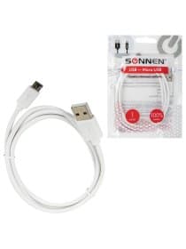 Кабель USB2.0 – micro USB, 1 м, SONNEN, медь, для передачи данных и зарядки, белый, 513557