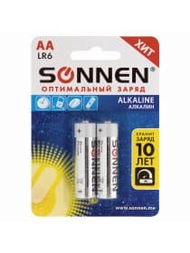 Батарейки КОМПЛЕКТ 2 шт., SONNEN Alkaline, АА (LR6, 15А), алкалиновые, пальчиковые, блистер, 451084