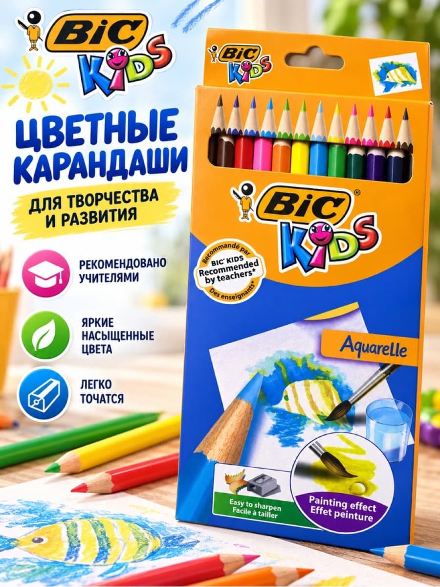 Карандаши цветные акварельные для детей, 12 цветов