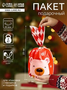 Пакет полиэтиленовый подарочный новогодний с ушками «Мишка», 13×23 см