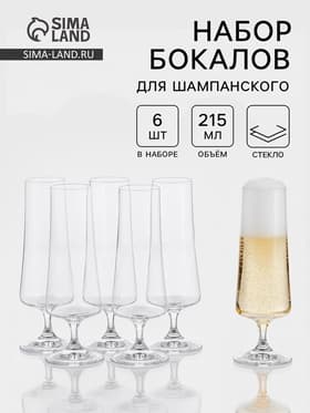 Бокалы для шампанского «Экстра», 215 мл, набор 6 шт., стекло, прозрачные