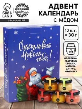 Адвент календарь с мёдом «Счастливого Нового года», облепиха, кедровые орешки, малина, цитрус, клубника (12 шт. × 30 г)