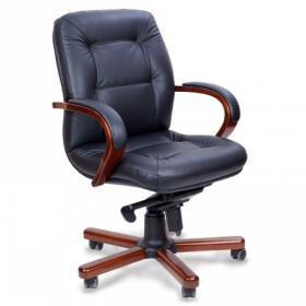Конференц-кресло MULTI-OFFICE VICTORIA B с низкой спинкой на крестовине черная кожа+к/з/т.орех