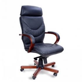Конференц-кресло MULTI-OFFICE LEEDS WOOD B с низкой спинкой на крестовине черная кожа+к/з/т.орех