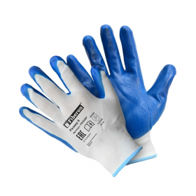 Перчатки 'Антискользящие', полиэстер, нитриловое покрытие, в и/у, 9(L), белый+синий, Fiberon Ош