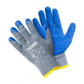Перчатки 'Стойкость к нагрузкам при тяжёлой работе', хлопок+полиэстер, текстурированное латексное покрытие, в и/у, 9(L), серый+синий, Fiberon Ош